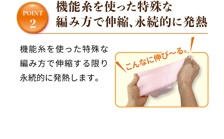 機能糸を使った特殊な編み方で伸縮、永続的に発熱