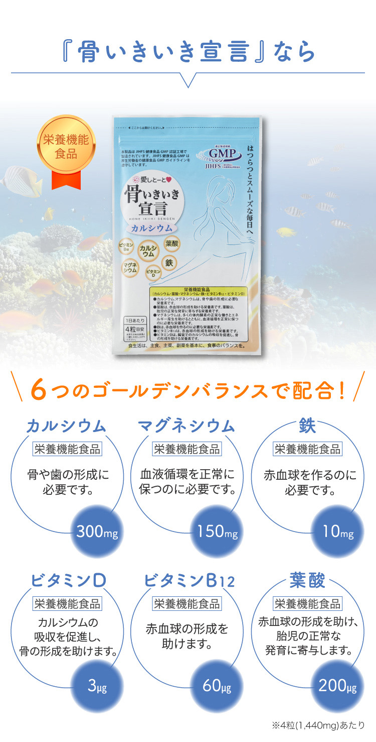 『骨いきいき宣言』ならカルシウム・マグネシウム・鉄・ビタミンD・ビタミンB12・葉酸がゴールデンバランスで配合！