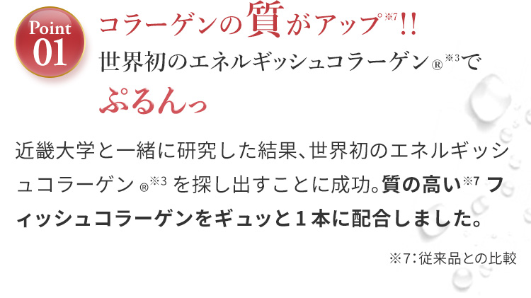 Point01:コラーゲンペプチドの質がアップ!!※7　世界初のエネルギッシュコラーゲン(R)※3でぷるんっ