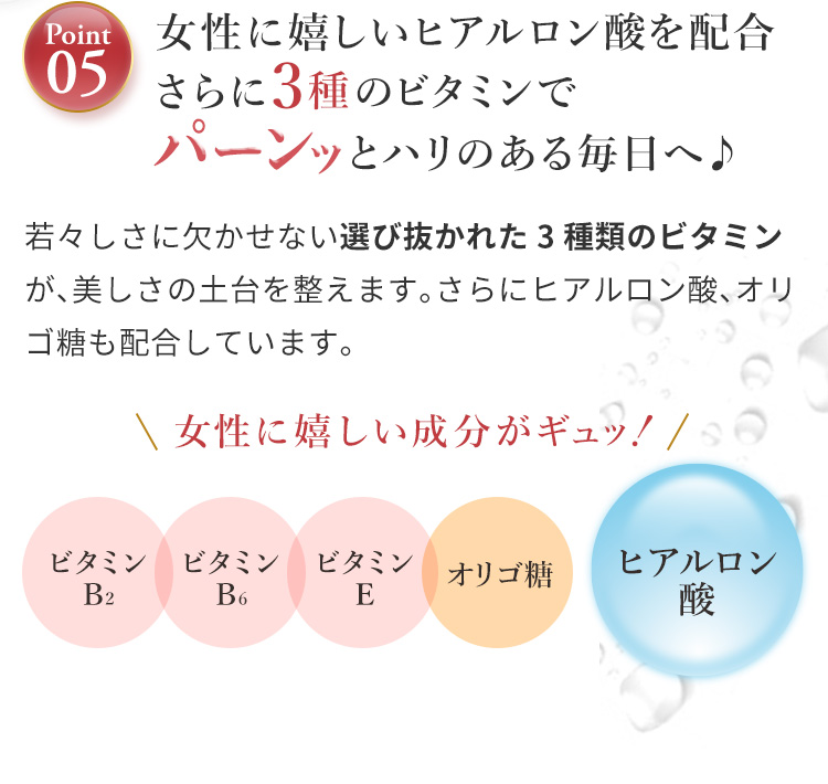 Point05:女性に嬉しいヒアルロン酸を配合　さらに3種のビタミンでパーンッとハリのある毎日へ♪