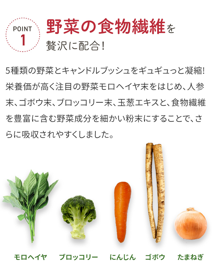 POINT1 野菜の食物繊維を贅沢に配合！5種類の野菜とキャンドルブッシュをギュギュっと凝縮!栄養価が高く注目の野菜モロヘイヤ末をはじめ、人参末、ゴボウ末、ブロッコリー末、玉葱エキスと、食物繊維を豊富に含む野菜成分を細かい粉末にすることで、さらに吸収されやすくしました。