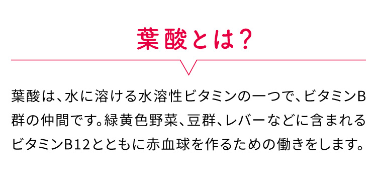 葉酸とは？葉酸は、水に溶ける水溶性ビタミンの一つで、ビタミンB群の仲間です。緑黄色野菜、豆群、レバーなどに含まれるビタミンB12とともに赤血球を作るための働きをします。