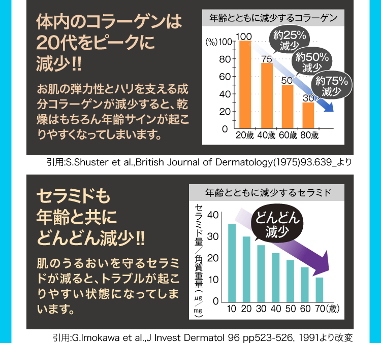 体内のコラーゲンは20代をピークに減少！！セラミドも年齢と共にどんどん減少！！