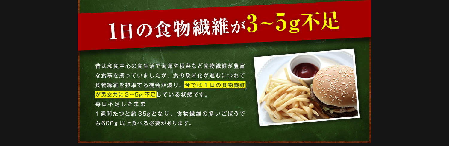 1日の食物繊維が3～5g不足